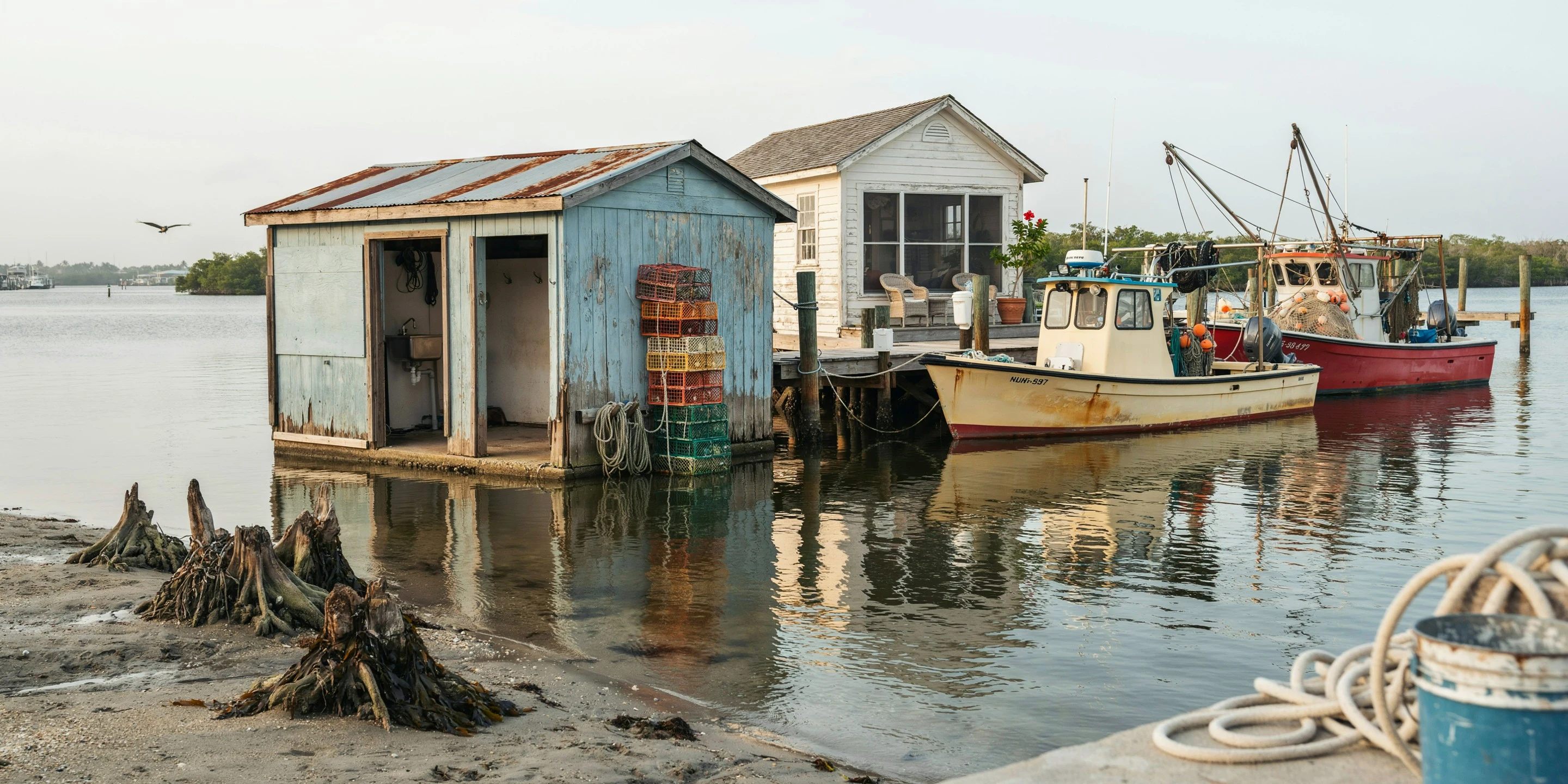 Fish house and shrimp boats on the working waterfront in Cortez, FL