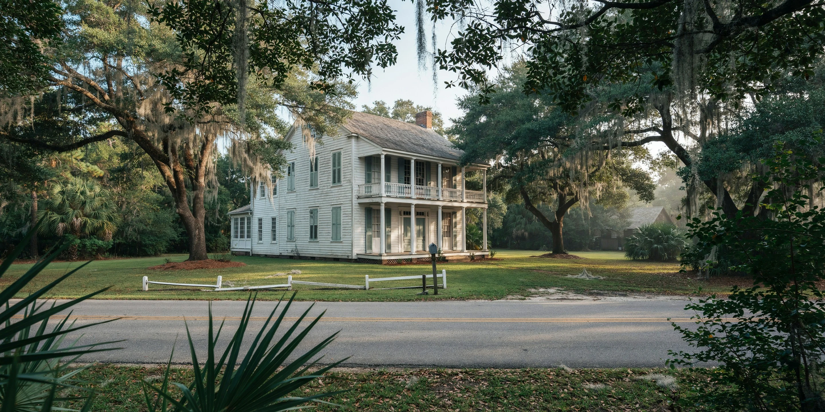 White plantation mansion under live oaks near Ellenton, FL