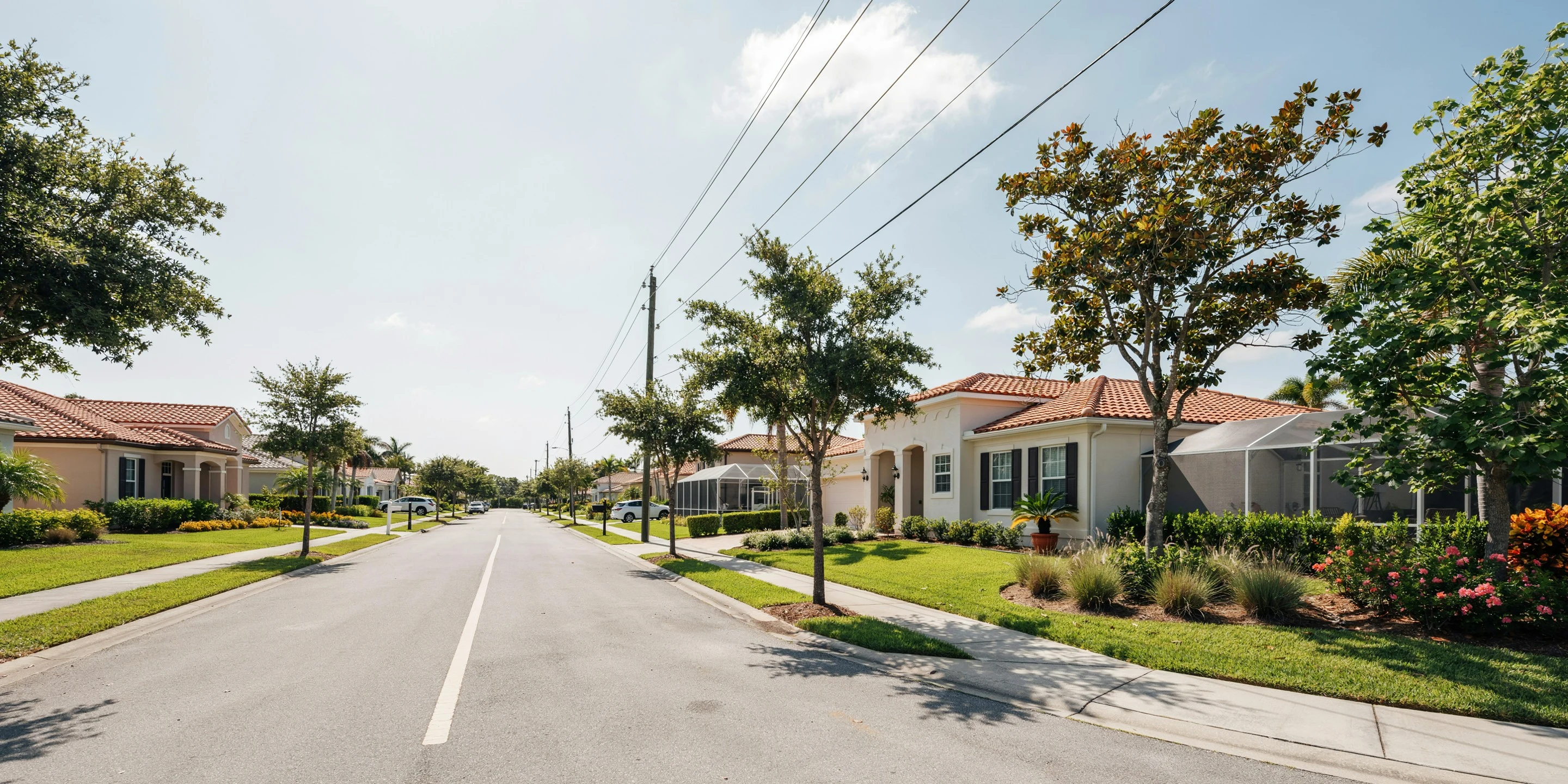 Newer subdivision street with tile-roof homes and a pool cage in Parrish, FL